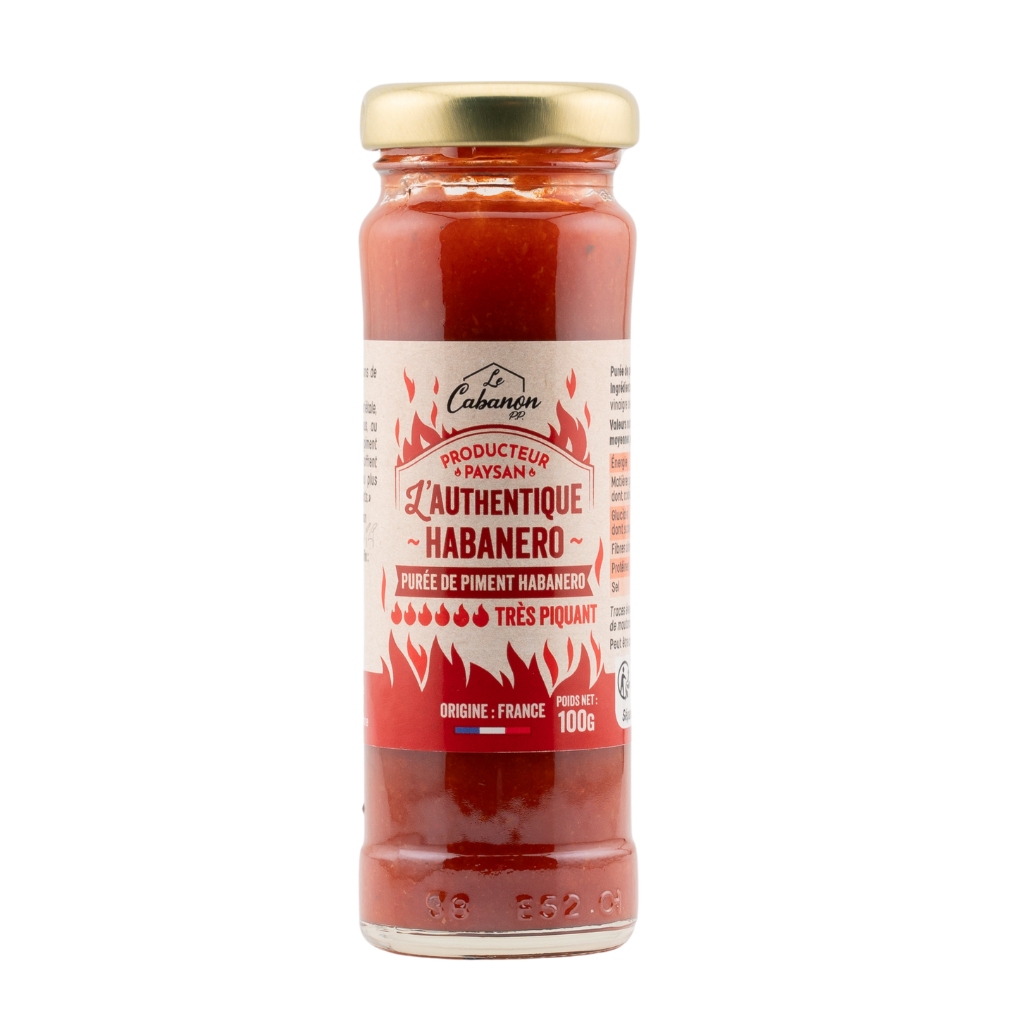 Pot de puree de piment habanero tres piquant L'Authentique, gamme historique Le Cabanon, produit en France