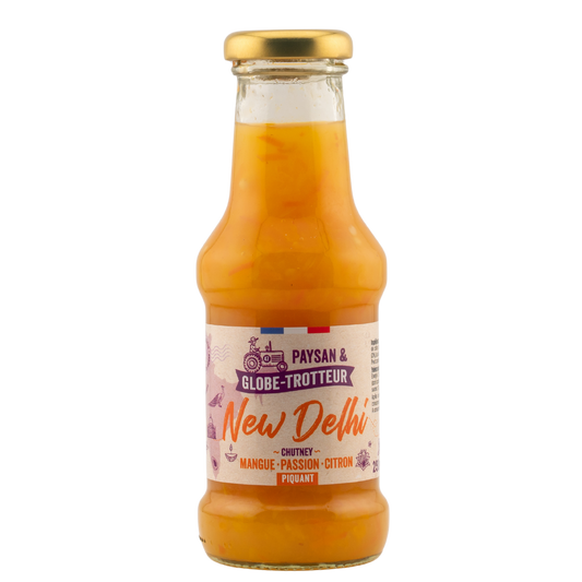 Bouteille de sauce piquante New Delhi, chutney mangue, passion et citron, gamme Paysan et Globe-Trotteur de L'Atelier Cabanon