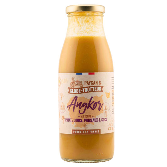 Bouteille de soupe Angkor a la patate douce, poireaux et lait de coco, gamme Paysan et Globe-Trotteur de L'Atelier Cabanon, produit en France