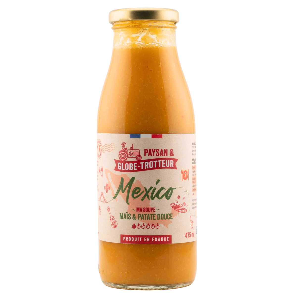 Bouteille de soupe Mexico au mais et a la patate douce, gamme Paysan et Globe-Trotteur de L'Atelier Cabanon, produit en France