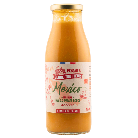 Bouteille de soupe Mexico au mais et a la patate douce, gamme Paysan et Globe-Trotteur de L'Atelier Cabanon, produit en France