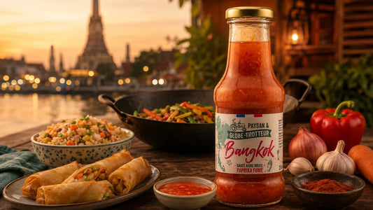 Bouteille de sauce aigre-douce Bangkok au paprika fumé accompagnée de riz sauté, nems et légumes au wok