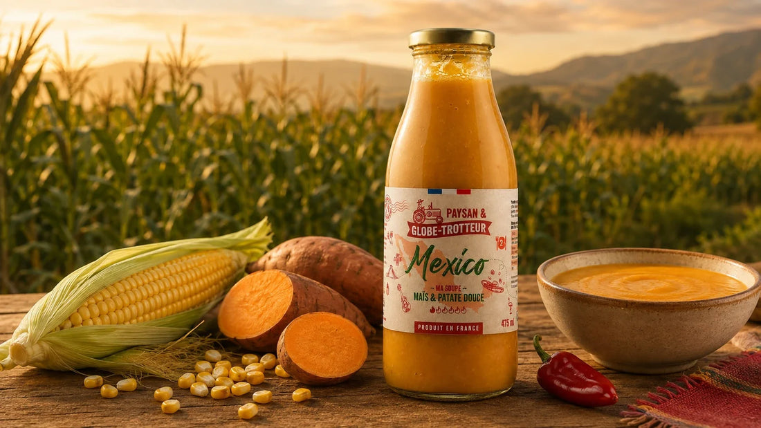 Bouteille de soupe Mexico au maïs et à la patate douce accompagnée d'un épi de maïs, de patates douces et d'un bol de velouté