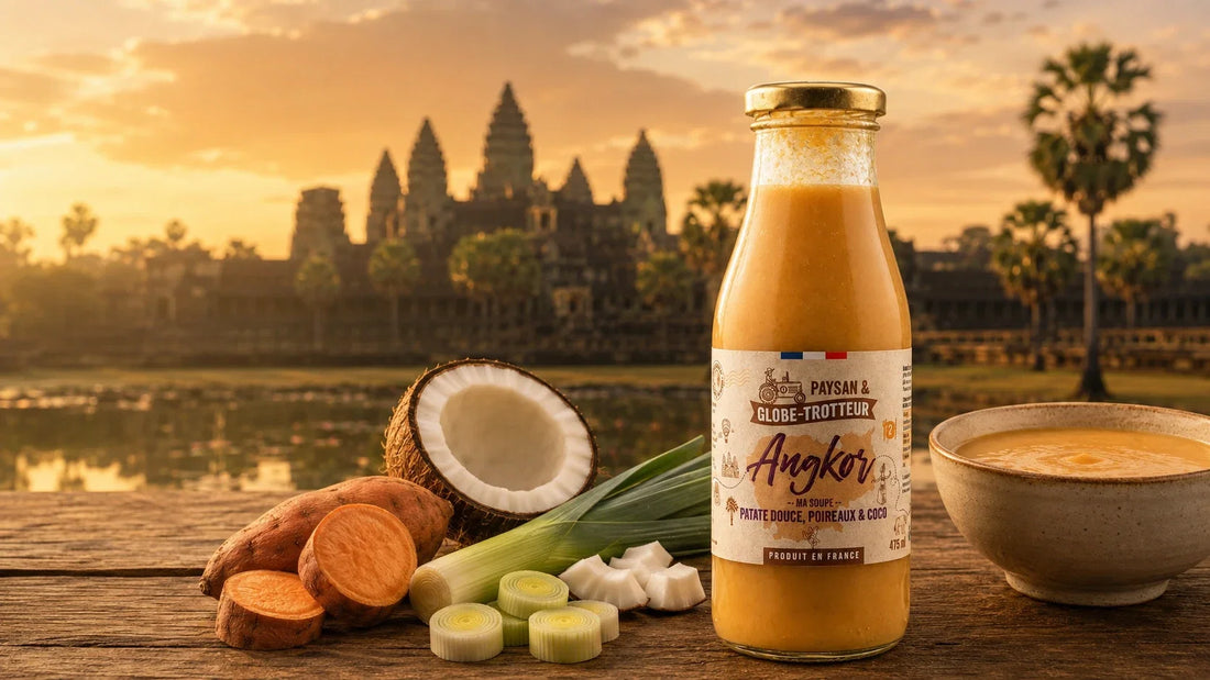 Bouteille de soupe Angkor à la patate douce, aux poireaux et au lait de coco, fabriquée par L'Atelier Cabanon