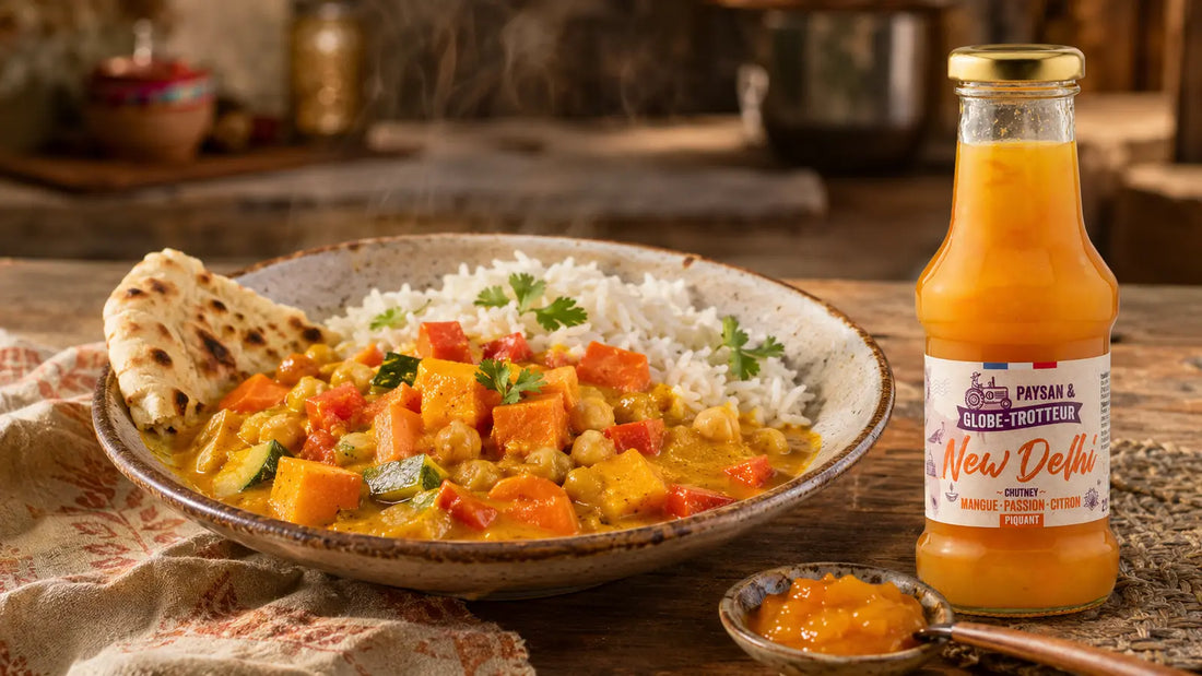 Curry de légumes aux pois chiches servi avec du riz basmati, du naan et une bouteille de chutney piquant New Delhi