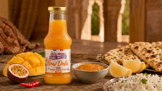 Bouteille de chutney piquant New Delhi à la mangue, au fruit de la passion et au citron, accompagnée de naan et de riz basmati