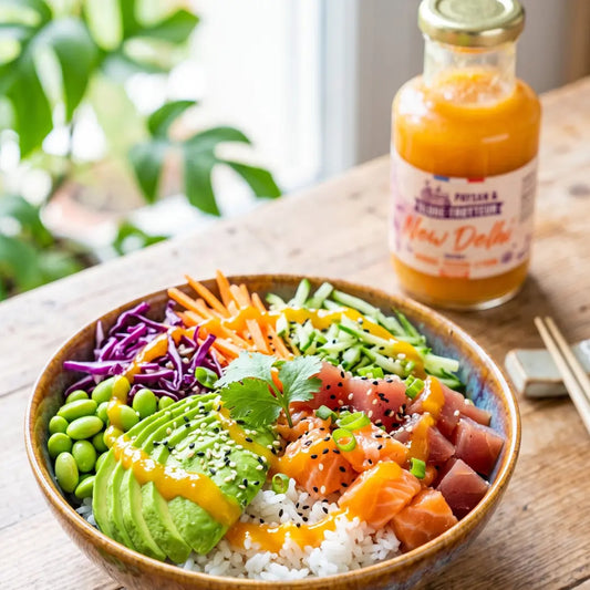 Poke bowl estival au poisson cru et légumes frais, nappé de sauce New Delhi mangue-passion