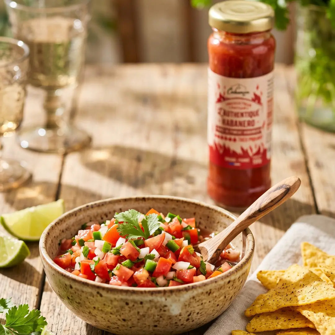 Salsa maison aux tomates et coriandre relevée à la purée d'Habanero, servie avec des nachos