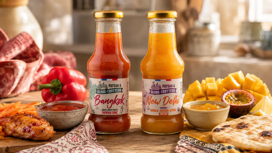 Bouteilles de sauces aigres-douces Bangkok au paprika fumé et New Delhi à la mangue, au fruit de la passion et au citron