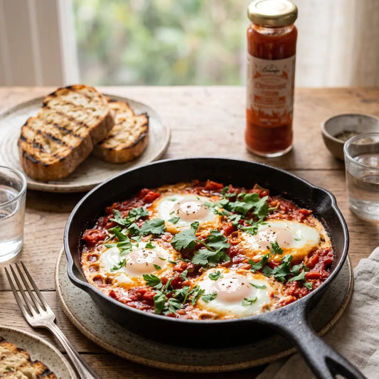 Shakshuka aux œufs pochés dans une sauce tomate au poivron relevée à L'Authentique Fusion