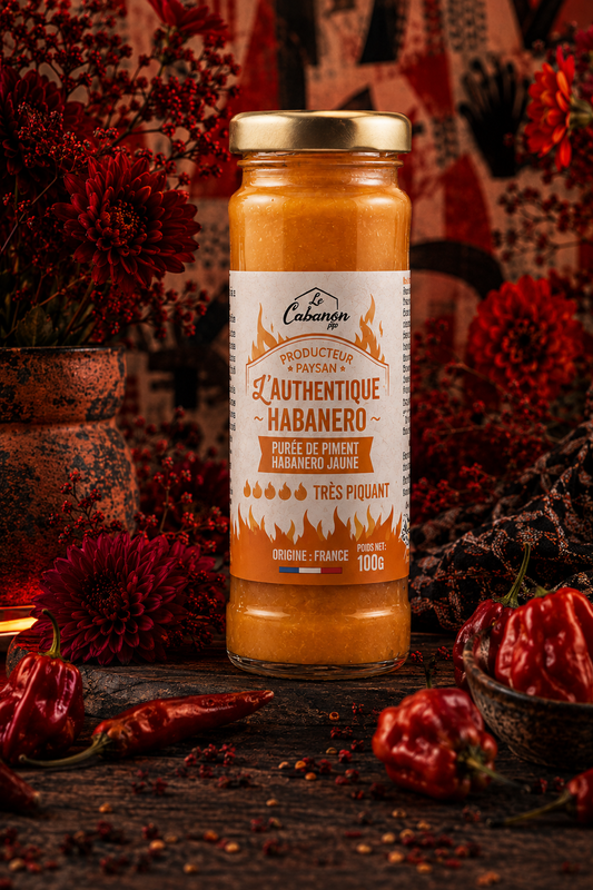 Pot de purée de piment Habanero jaune L'Authentique, Le Cabanon, décor floral rouge