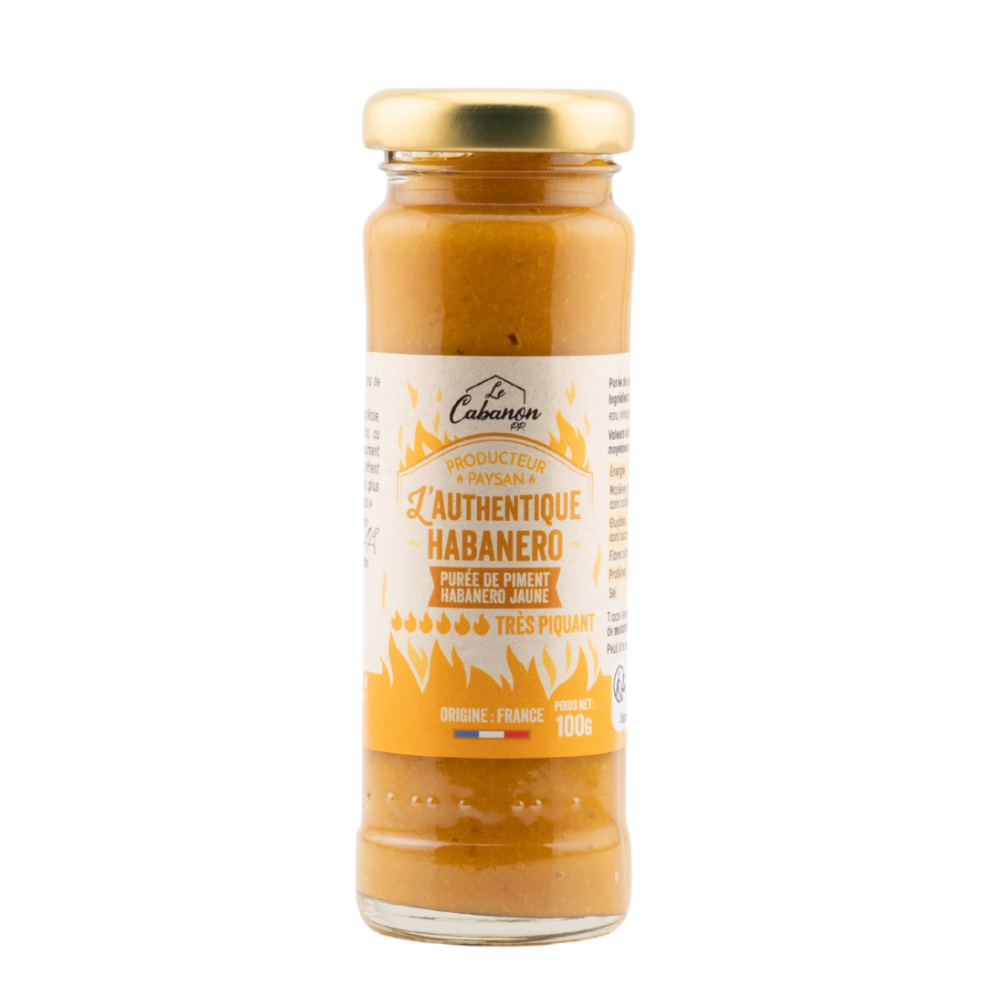 Pot de puree de piment habanero jaune tres piquant L'Authentique, produit artisanal de L'Atelier Cabanon, format 100g