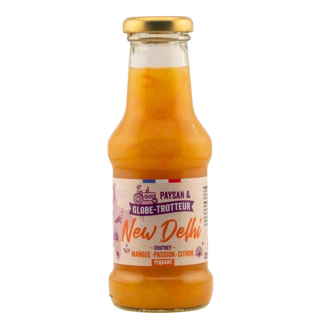 Bouteille de sauce piquante New Delhi, chutney mangue, passion et citron, gamme Paysan et Globe-Trotteur de L'Atelier Cabanon