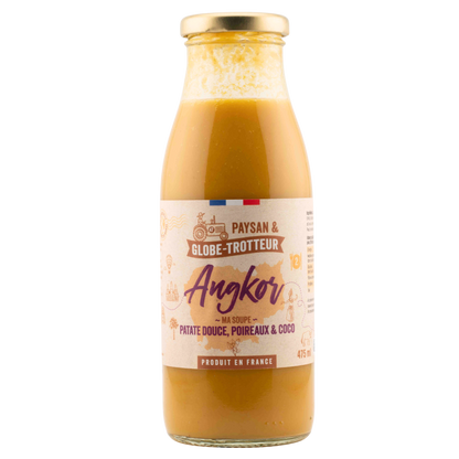 Bouteille de soupe Angkor a la patate douce, poireaux et lait de coco, gamme Paysan et Globe-Trotteur de L'Atelier Cabanon, produit en France